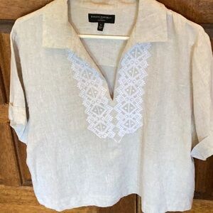 Linen Blend Embroidered Short Sleeve Top